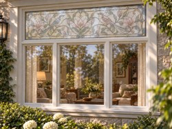Horizontale raamfolie glas in lood met vogels en sierlijke bloemen3